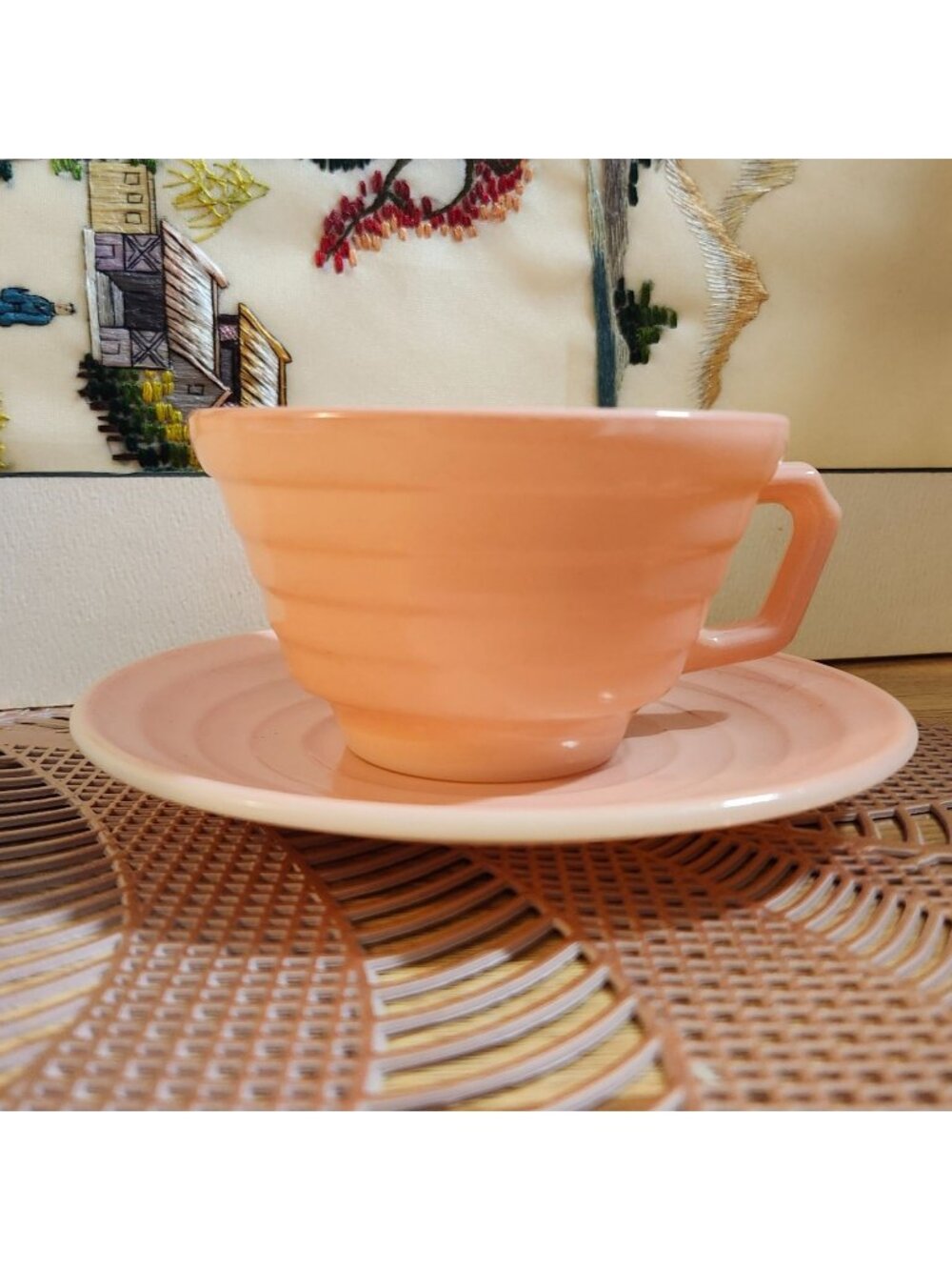 Hazel Atlas Moderntone Platonite Pastel Pink Teacup & Saucer Set Vintage